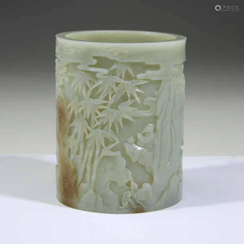 A Chinese carved celadon jade cylindrical brus…