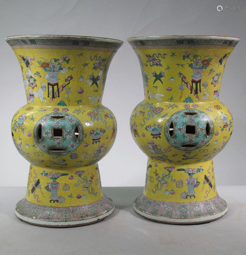 A pair of Chinese gu-form enameled garden stools,…