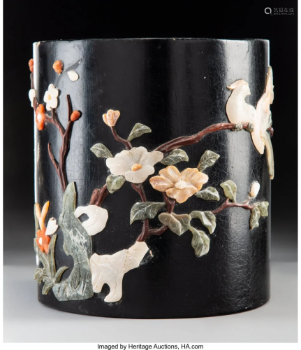 28038: A Chinese Lacquered Wood Brush Pot wi…