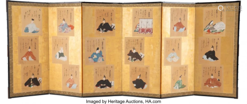 28060: A Japanese Six-Panel Screen with Ink and Col…