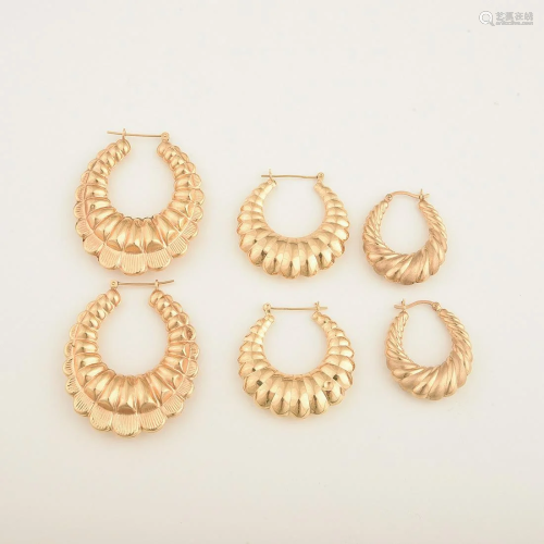 Collection of Three Pairs of 14k Yellow Gold Earrings.