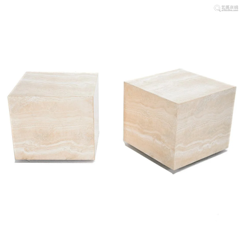 Pair of Travertine Marble Rolling Occasional Tables.