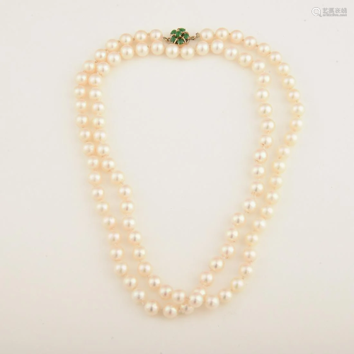Cultured Pearl, Jade, 14k Yellow Gold Necklace.