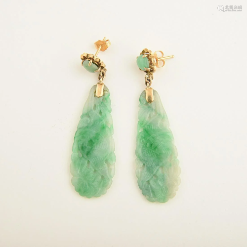 Pair of Jadeite Jade, 14k Yellow Gold Drop Earrings.