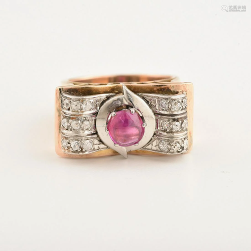 Retro Ruby, Diamond, Platinum, 14k Rose Gold Ring.