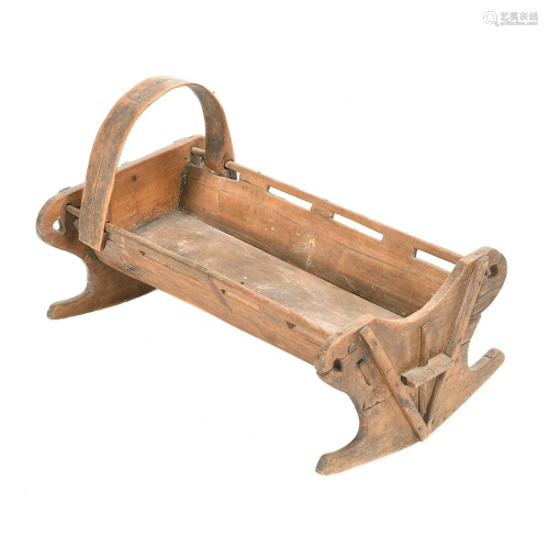 American 19th Century Carved Oak Baby Cradle.