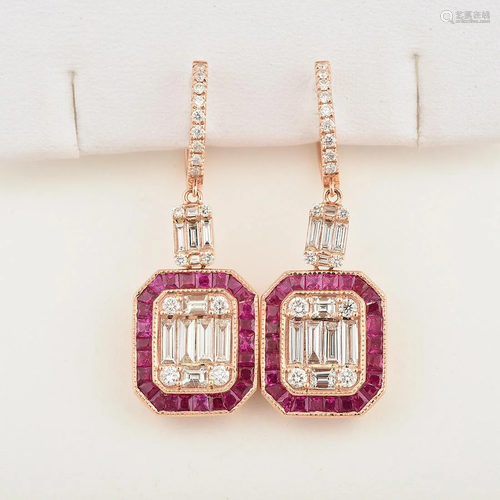 Pair of Diamond, Ruby, 18k Rose Gold Earrings.