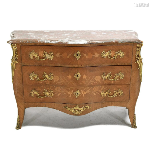 Louis XVI Style Marble Top Inlaid BombÃ‹ Commode.