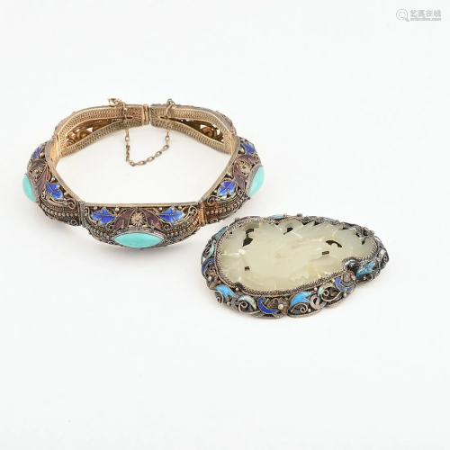 Chinese Multi-Stone, Enamel, Silver Jewelry Suite.