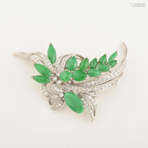 Jade, Diamond, 18k White Gold Brooch.