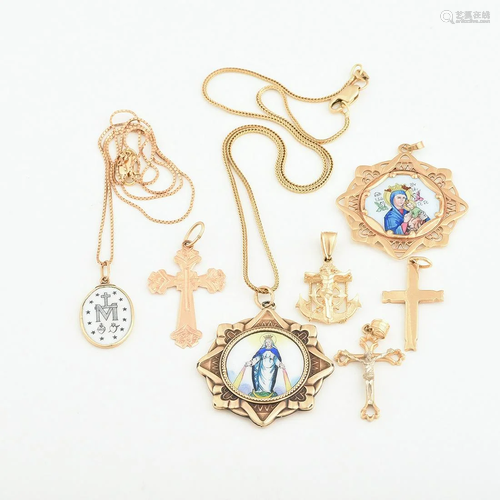 Collection of Seven Enamel, 14k Yellow Gold,