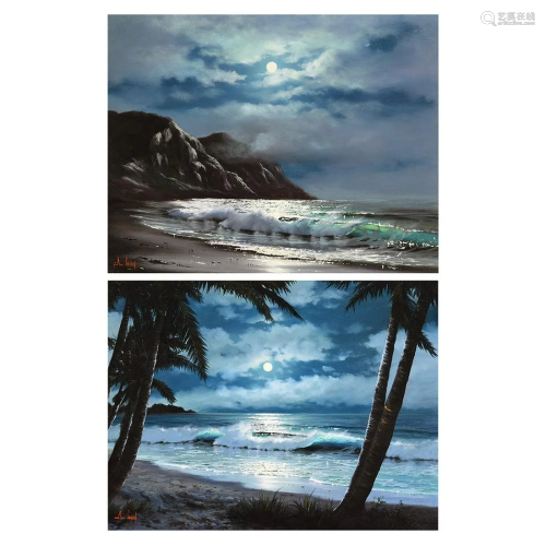 Anthony Casay 2 Nighttime Seascapes Oil