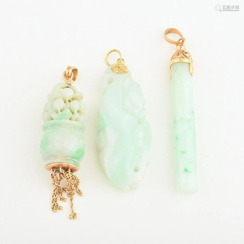 Collection of Three Jade, 18k Yellow Gold Pendants.