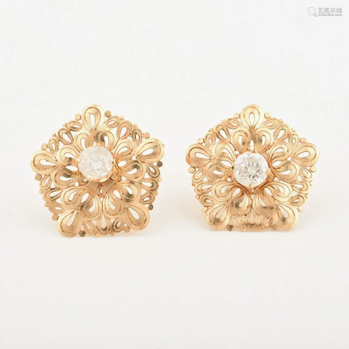 Pair of Diamond, 14k Yellow Gold Stud Earrings with