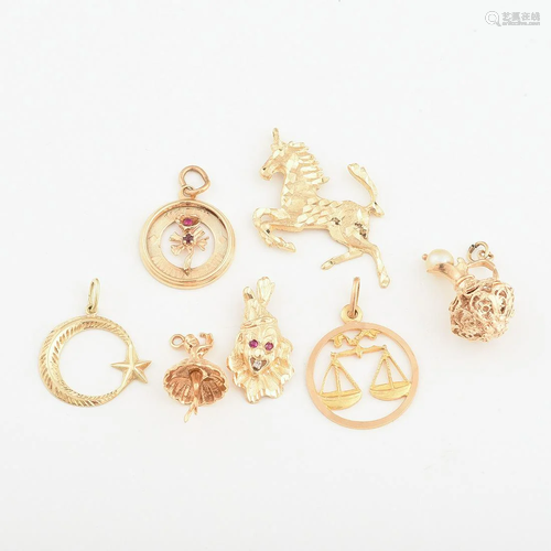 Collection of Seven Multi-Stone, 14k Yellow Gold