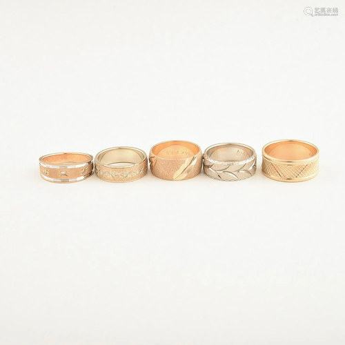 Collection of Five Diamond, 14k Gold Bands.