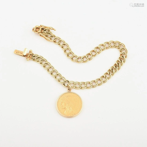 Indian Head Gold Coin, 14k Yellow Gold Bracelet.