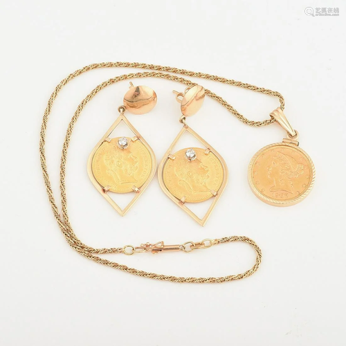 Gold Coin, Diamond, 14k Yellow Gold Jewelry Suite.