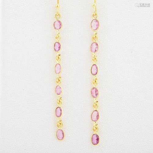 Pair of Pink Sapphire, 18k Yellow Gold Earrings.