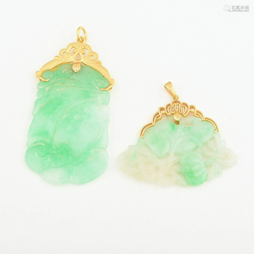 Collection of Two Jade, 18k Yellow Gold Pendants.