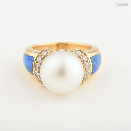 South Sea Cultured Pearl, Diamond, Opal Inlay, 18k