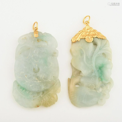 Collection of Two Jade, 20k Yellow Gold Pendants.