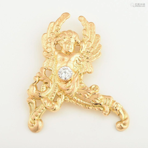 Cubic Zirconia, 18k Yellow Gold Putto Brooch.