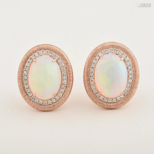 Pair of Opal, Diamond, 14k Rose Gold Earrings.