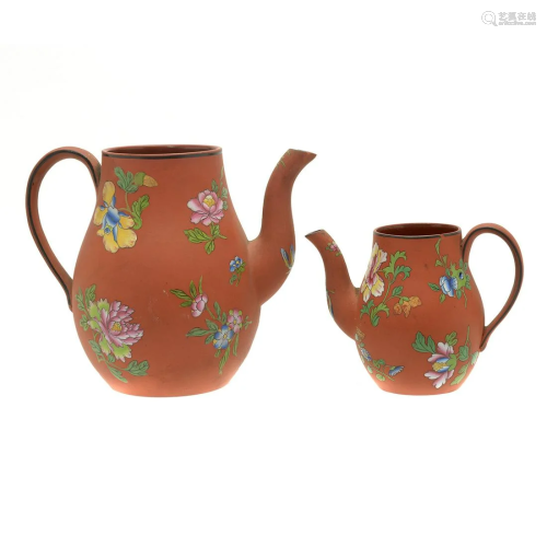 Two Enameled Yixing Clay Teapots.