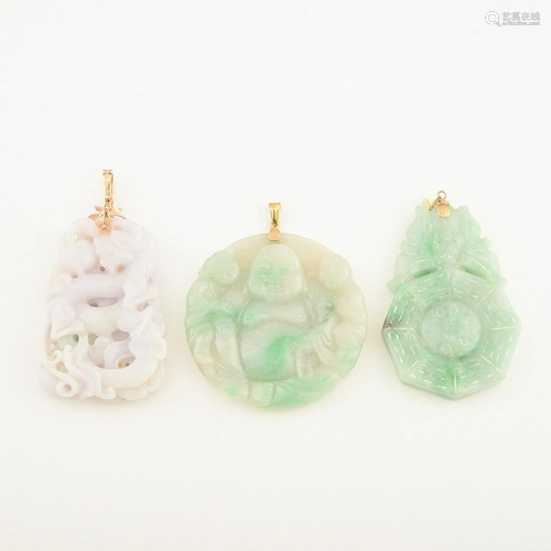 Collection of Three Jade, 14k Yellow Gold Pendants.