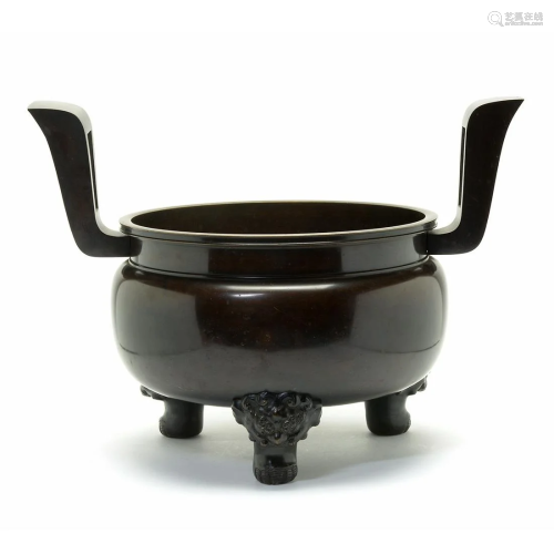 Large Chinese Bronze Tripod Censer with Handles.