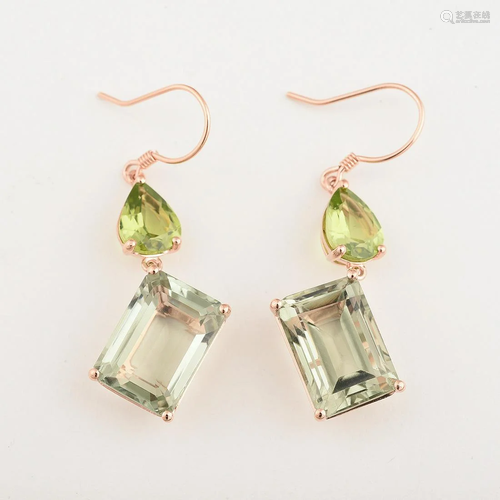 Pair of Green Quartz, Peridot, 14k Rose Gold Earrings.