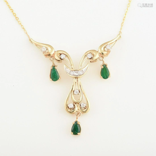 Diamond, Emerald, 14k Yellow Gold Necklace.