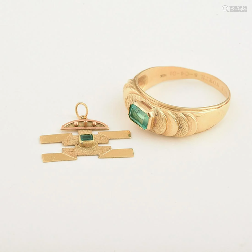 Collection of Two Emerald, 18k Yellow Gold Jew…