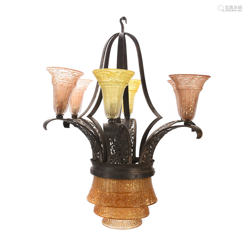 French Edgar Brandt and Daum Six Light Chandelier.