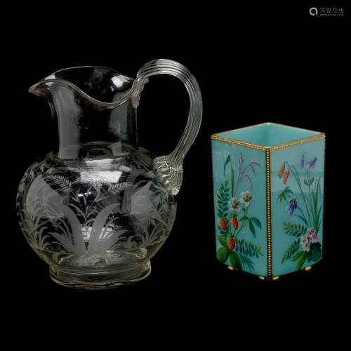 English Victorian Glass Pitcher and French Enamel