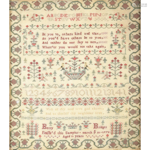 18th Century English Framed Needlework Sampler.