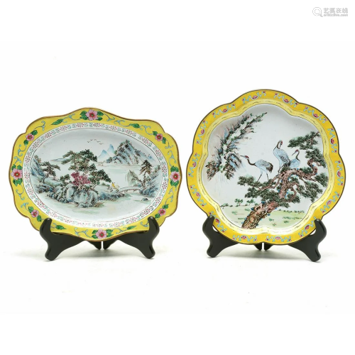 Two Chinese Canton Enameled Yellow Ground Plates