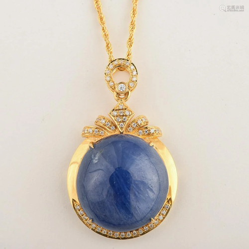 Sapphire, Diamond, 18k Yellow Gold Pendant Necklace.