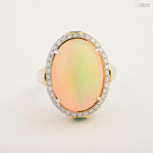 Opal, Emerald, Diamond, 14k White Gold Ring.