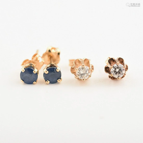 Collection of Two Pairs of Diamond, Sapphire, 14k