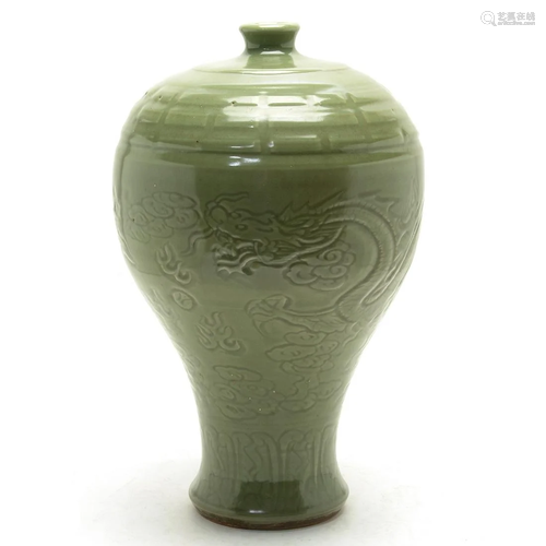 Large Chinese Longquan Celadon Dragon Vase