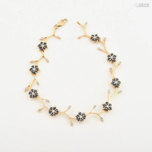 Diamond, Sapphire, 14k Yellow Gold Flower Bracelet.