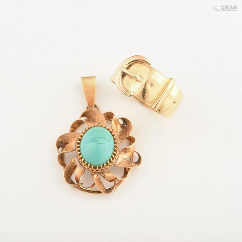 Collection of Two Turquoise, Yellow Gold Jewelry…