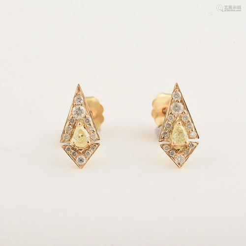 Pair of Diamond, 18k Yellow Gold Earrings.