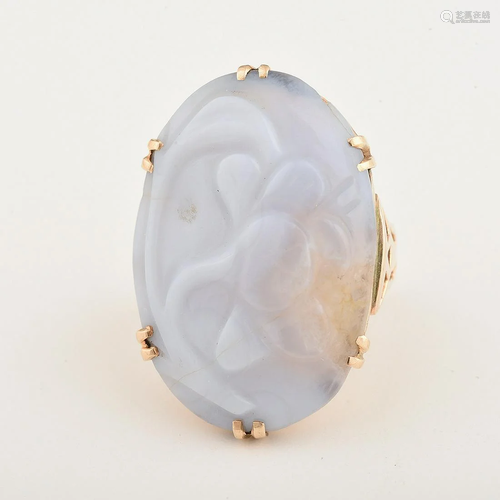 Carved Agate, 14k Yellow Gold Ring.