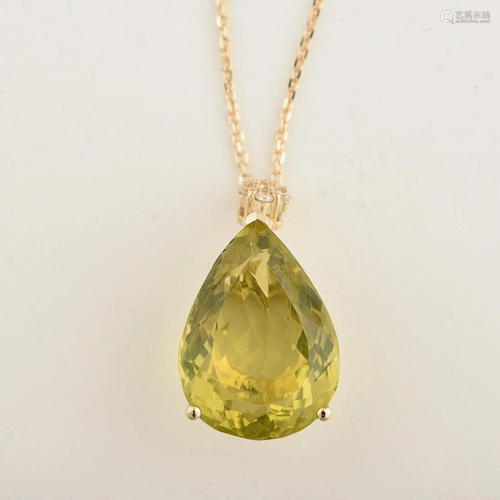 Green Quartz, Diamond, 14k Yellow Gold Pendant