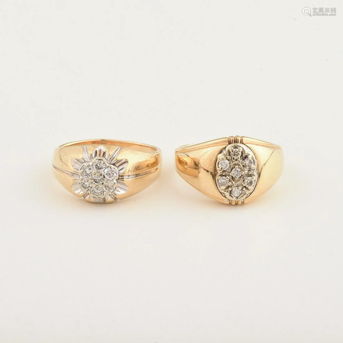 Collection of Two Diamond, 14k Yellow Gold Rin…