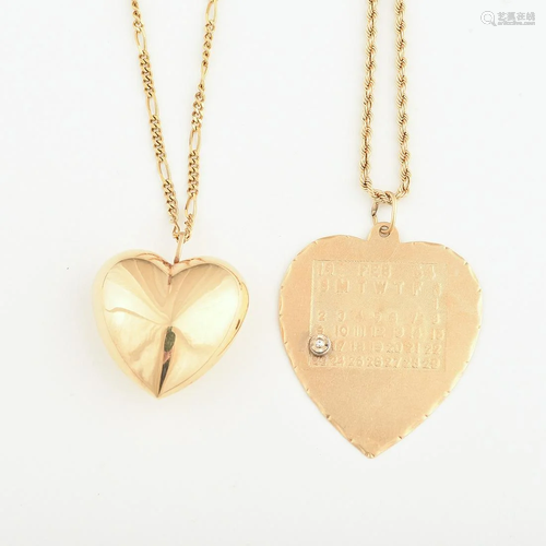 Collection of Two 14k Yellow Gold Heart Pendant