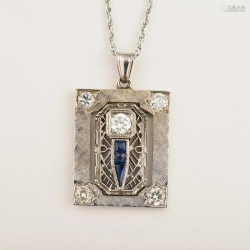 Diamond, Synthetic Sapphire, 14k White Gold Pe…